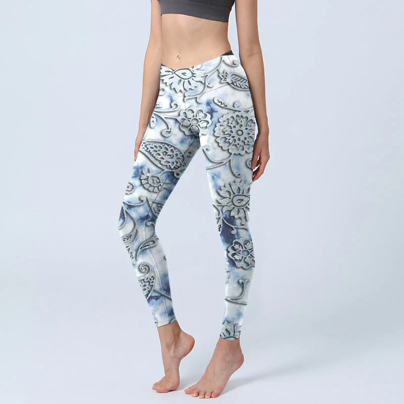 Buddha Stones White Round Flowers Print Exercise Leggings Women's Yoga Pants