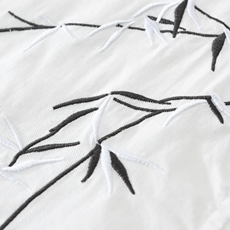 Buddha Stones Artistic Simple Design Embroidery Bamboo Pattern Men's Short Sleeve Cotton Shirt