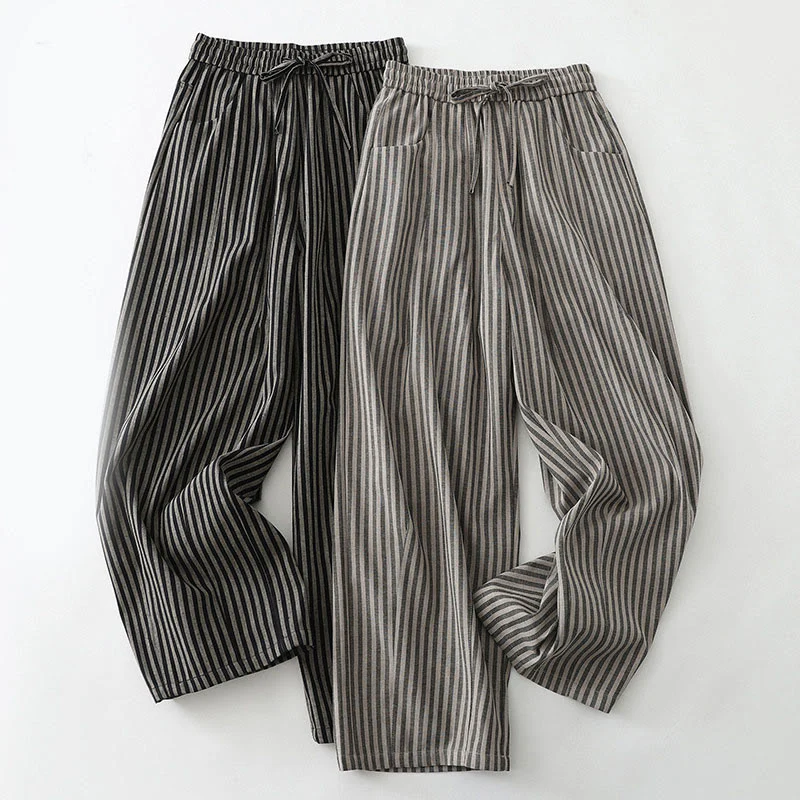 Buddha Stones Commute Striped Drawstring Design Women's Wide Leg Cotton Pants With Pockets
