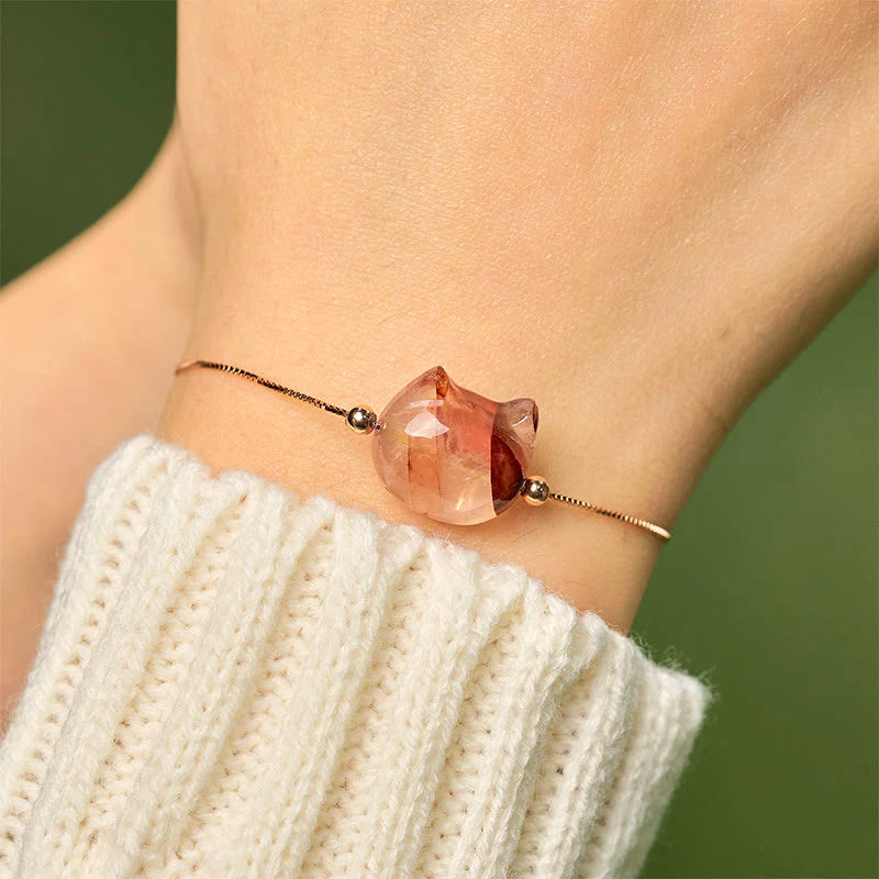 Buddha Stones 925 Sterling Silver Faceless Cat Head Natural Red Flower Quartz Passion Bracelet
