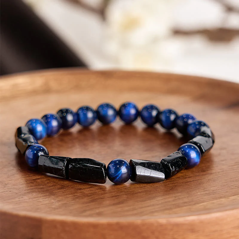Buddha Stones Blue Tiger Eye Black Tourmaline Strength Bracelet