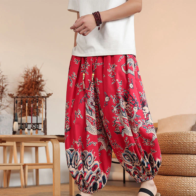 Buddha Stones Dragon Print Cotton Men's Harem Ankle-Length Pants With Pockets