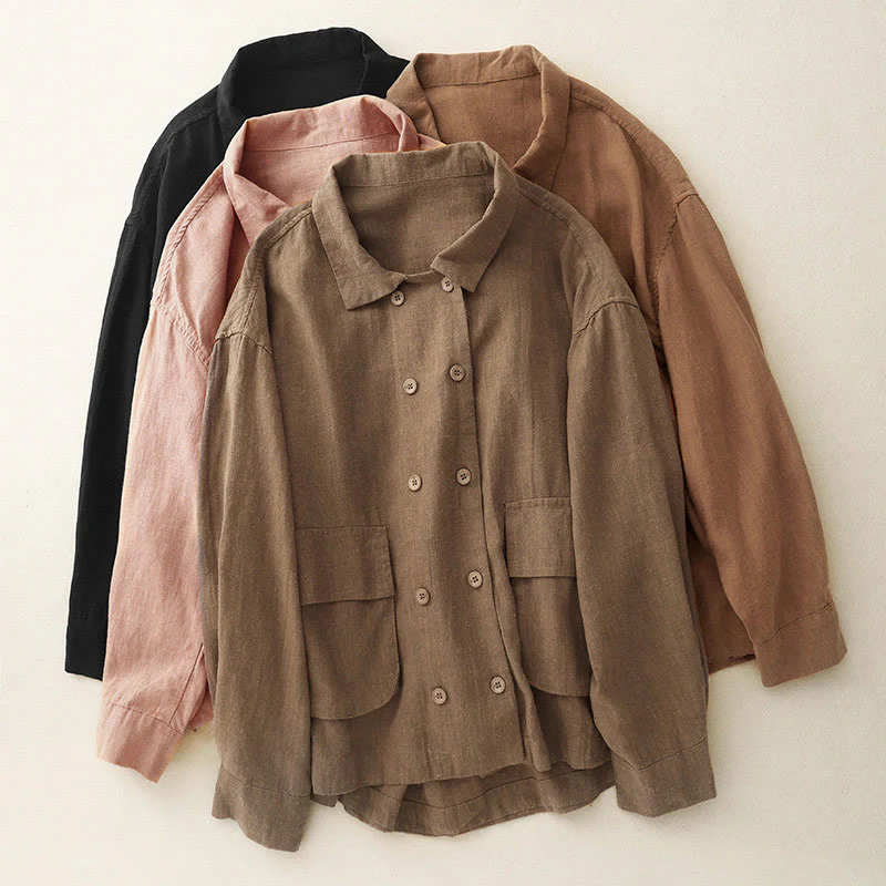 Buddha Stones Double‑Breasted Design Long Sleeve Women's Cotton Linen Jacket With Pockets