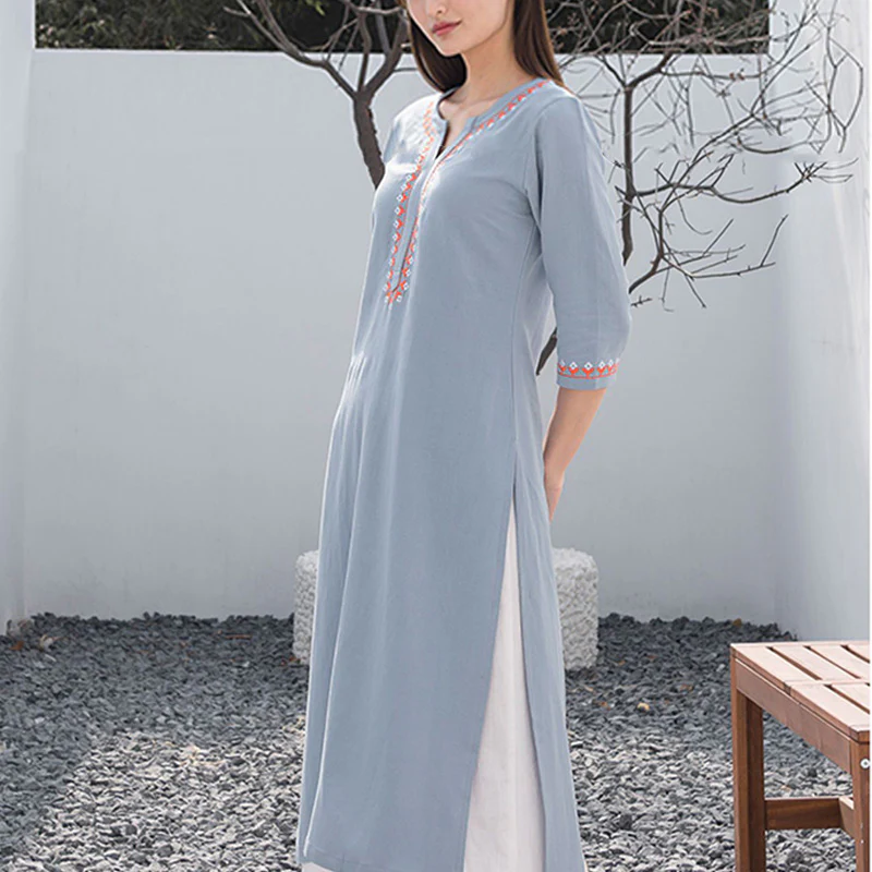 Buddha Stones 2Pcs V-neck Embroidery Yoga Clothing Zen Meditation Cotton Linen Top Pants Women's Set