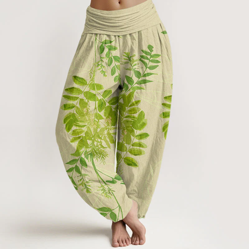 Buddha Stones Green Leaves Branches Women's Elastic Waist Harem Pants