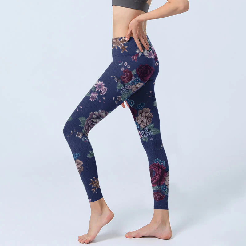 Buddha Stones Red Rose Peony Chrysanthemum Print Gym Leggings Women's Yoga Pants