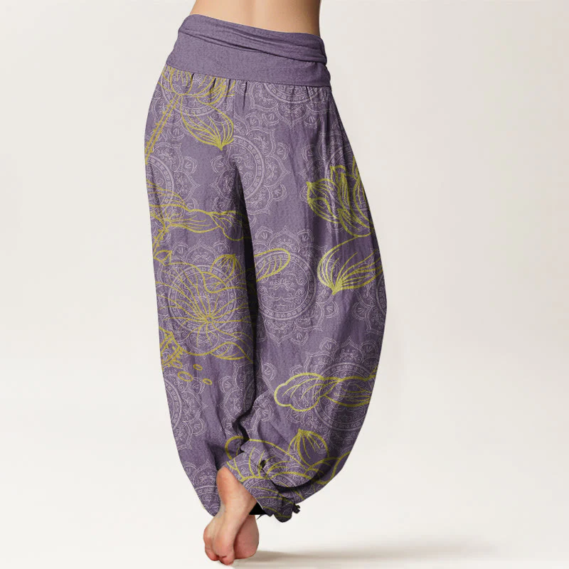Buddha Stones Pure Cotton Golden Lotus Mandala Pattern Women's Elastic Waist Harem Pants