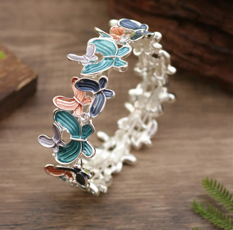 Buddha Stones Colorful Butterfly Love Alloy Elastic Bracelet Bangle