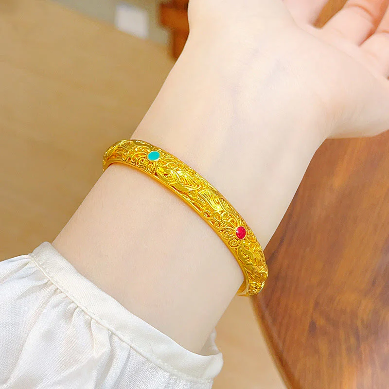 Buddha Stones Copper Plated Gold Flowers Leaves Luck Bracelet Bangle