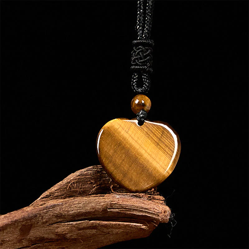 Buddha Stones Natural Tiger Eye Love Heart Pattern Protection Rope Necklace Pendant