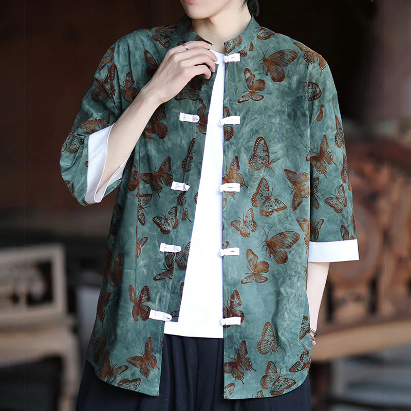 Buddha Stones Jacquard Butterfly Pattern White Frog-Button Design Stand Collar Men's Three Quarter Sleeve Cotton Shirt Cardigan