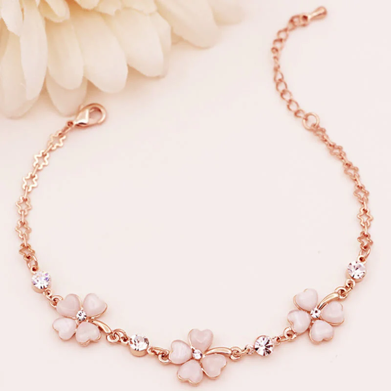 Buddha Stones Pink Crystal Four Leaf Clover Love Chain Bracelet