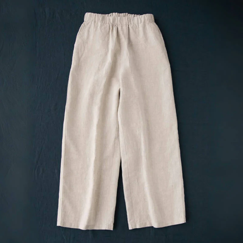 Buddha Stones Wild Plain Cotton Linen Women's Wide Leg Pants With Pockets