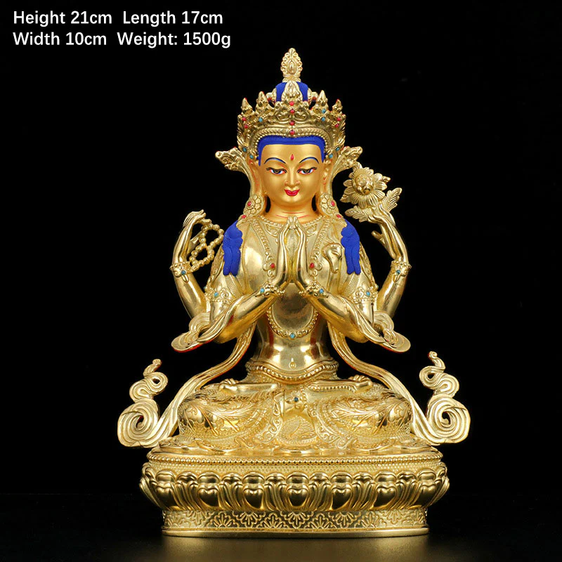 Buddha Stones Chenrezig Four-armed Avalokitesvara Protection Copper Gold Plated Statue Decoration
