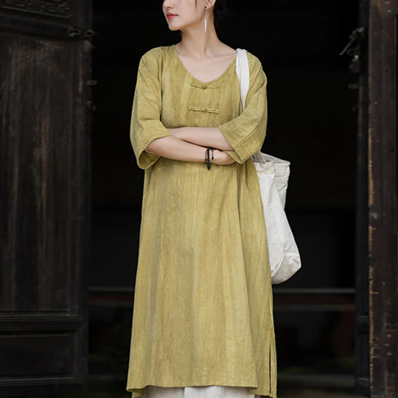 Buddha Stones Handmade Tie Dye Ramie Linen Frog-Button Midi Dress Wide Leg Pants With Pockets