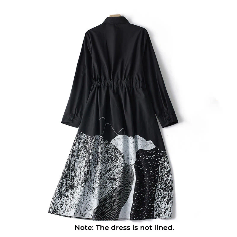Buddha Stones Printing Irregular Lines Back Lace-up Design Lapel Cotton Midi Dress With Pockets