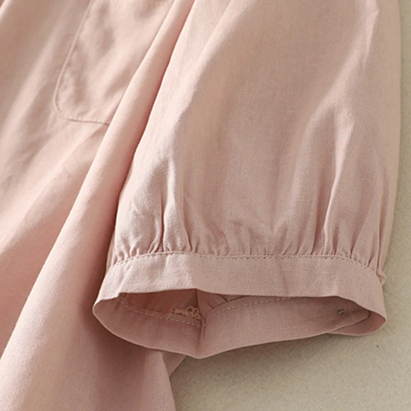 Buddha Stones Casual Daily Printing Lily Pattern Half Puff Sleeve Women's Cotton Linen Shirt