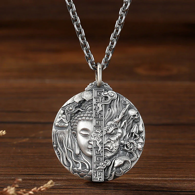 Buddha Stones Copper Buddha Demon Pattern Compassion Pendant Necklace