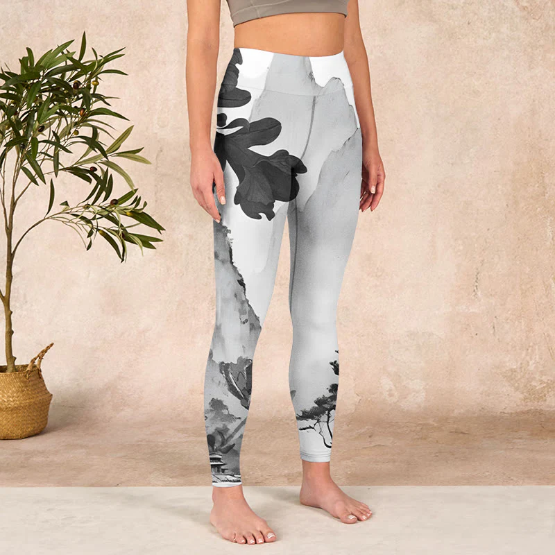 Buddha Stones Ink Painting Trees Mountains Scenery Print Gym Leggings Women's Yoga Pants