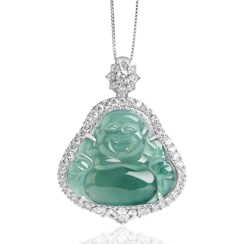 Buddha Stones 925 Sterling Silver Laughing Buddha Natural Jade Luck Abundance Chain Necklace Pendant