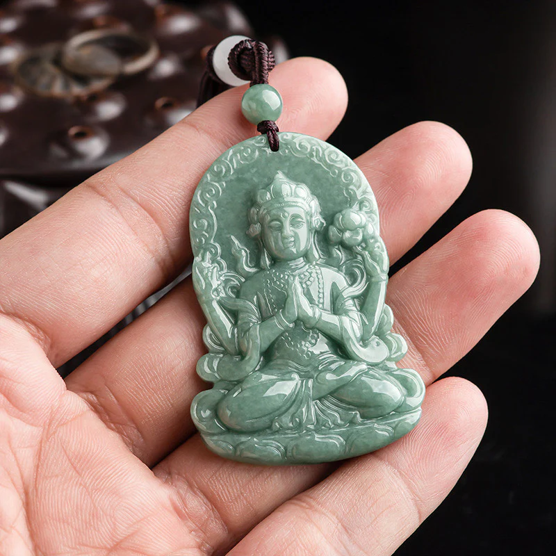 Buddha Stones Four-armed Avalokitesvara Natural Jade Amulet Blessing String Necklace