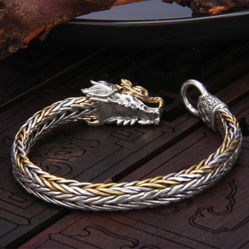Buddha Stones 925 Sterling Silver Year Of The Dragon Auspicious Dragon Protection Metal Braided Design Bracelet