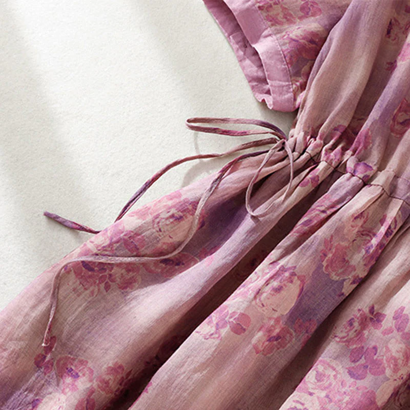 Buddha Stones Retro Printing Buttons Design Drawstring High Waist Cotton Midi Dress With Pockets