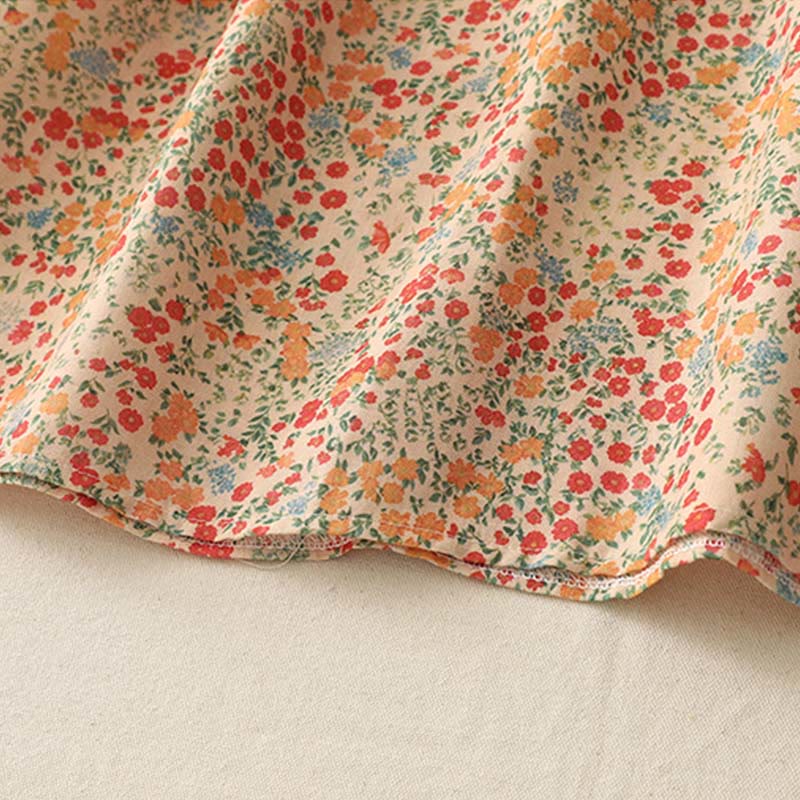 Buddha Stones Casual Floral Lace Crew Neck Balloon Long Sleeve Cotton Linen Midi Dress With Pockets