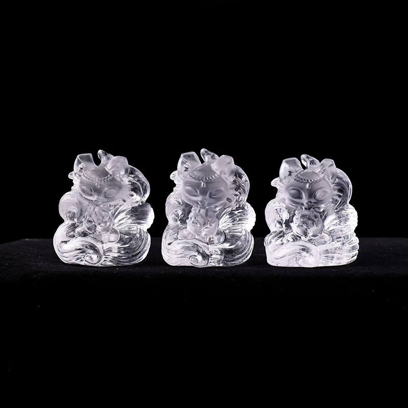 Buddha Stones Natural White Crystal Mini Small Nine Tailed Fox Carved Healing Home Decoration