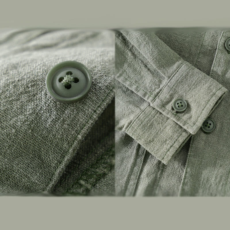 Buddha Stones Commute Men's Plain Buttons Design Cotton Linen Long Sleeve Shirt With Pockets