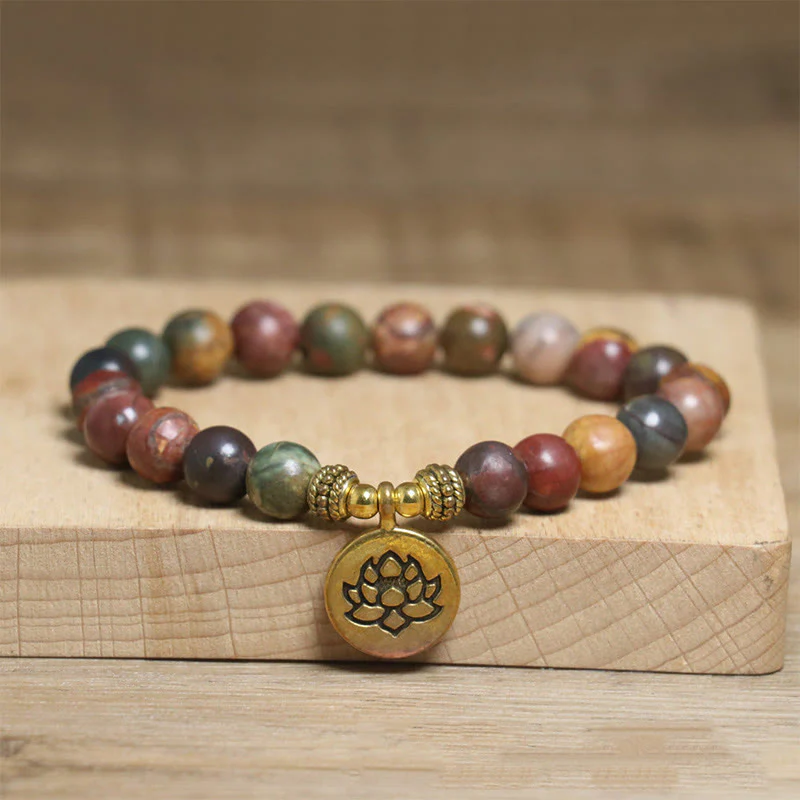 Buddha Stonesnatural Colorful Emperor Stone Lotus Pattern Anti-stress Bracelet