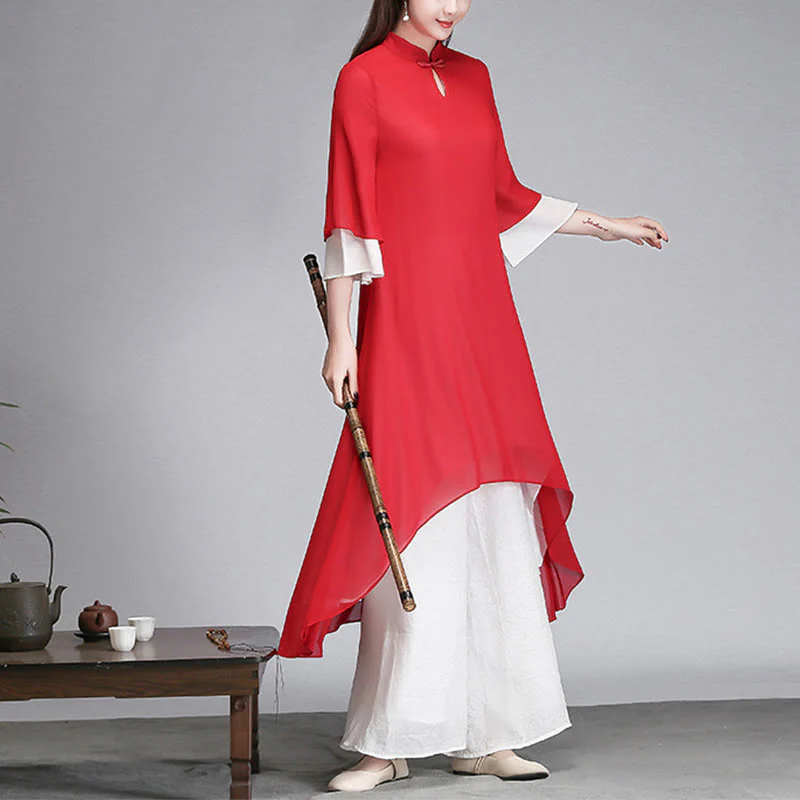 Buddha Stones Solid Women's Three Quarter Sleeve Chiffon Irregular Shirt Dress Wide Leg Pants Meditation Clothing