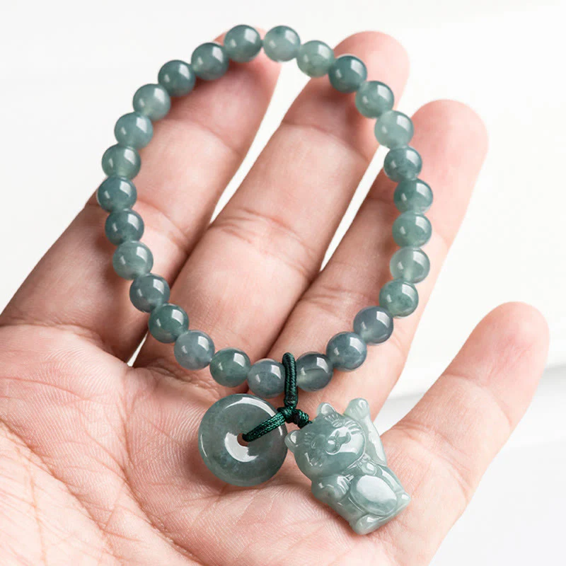 Buddha Stones Blue Jade Peace Buckle Lucky Cat Prosperity Bracelet