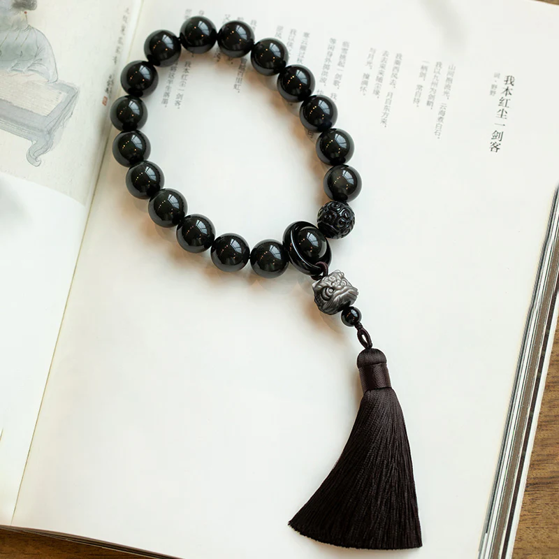Buddha Stones Natural Silver Sheen Obsidian Black Obsidian Lion Wrist Mala Protection Tassels Pocket Mala Car Decoration