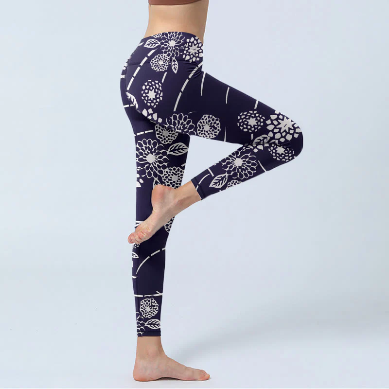 Buddha Stones White Sketch Chrysanthemums Print Gym Leggings Women's Yoga Pants
