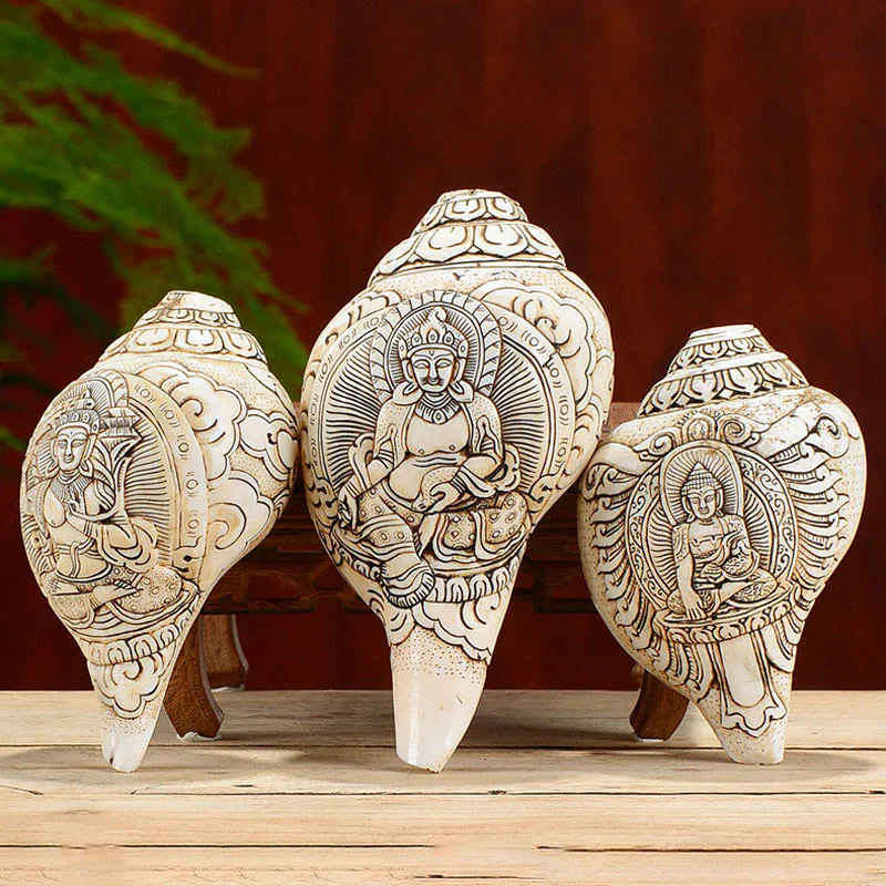 Buddha Stones Tibetan Handmade Engraved Shankha Buddha Avalokitesvara Conch Shell Wealth Decoration