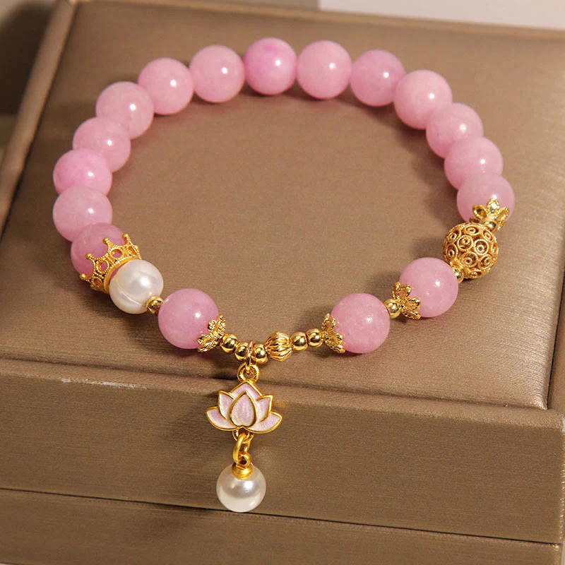 Buddha Stones Pink Quartzite Pearl Lotus Charm Harmony Bracelet