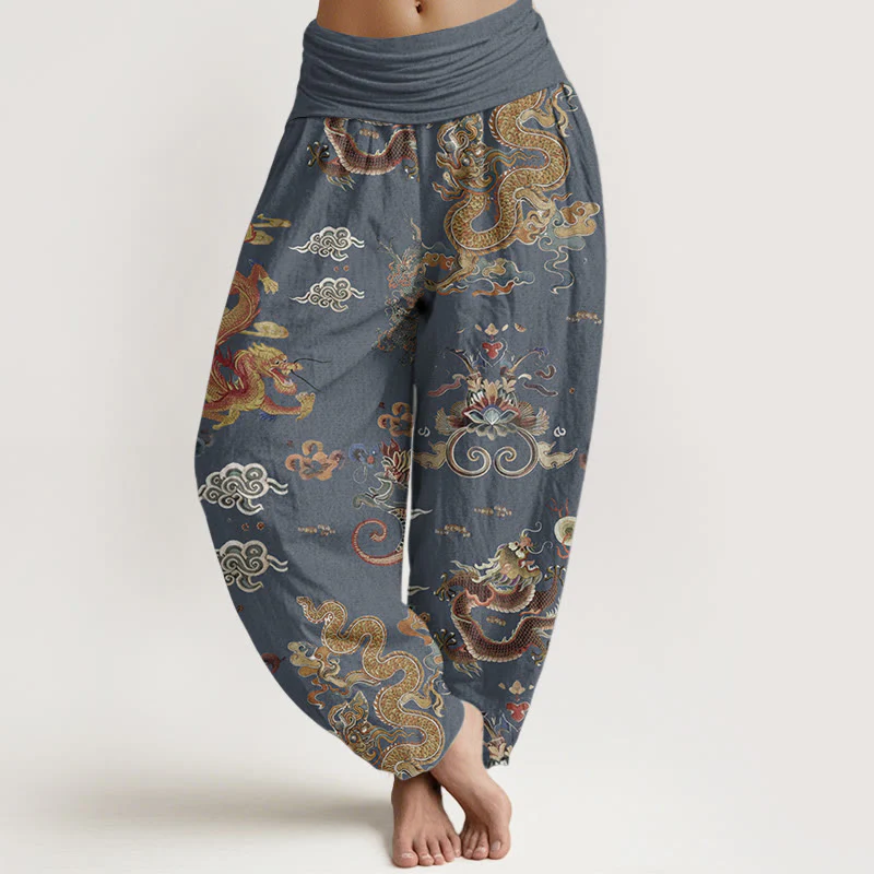 Buddha Stones Pure Cotton Golden Dragons Auspicious Clouds Design Women's Elastic Waist Harem Pants