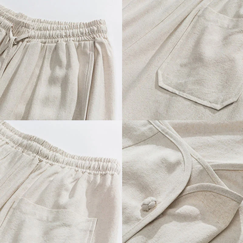 Buddha Stones Casual Loose Frog-Button Plain Men's Cotton Linen 7-8 Length Pants With Pockets