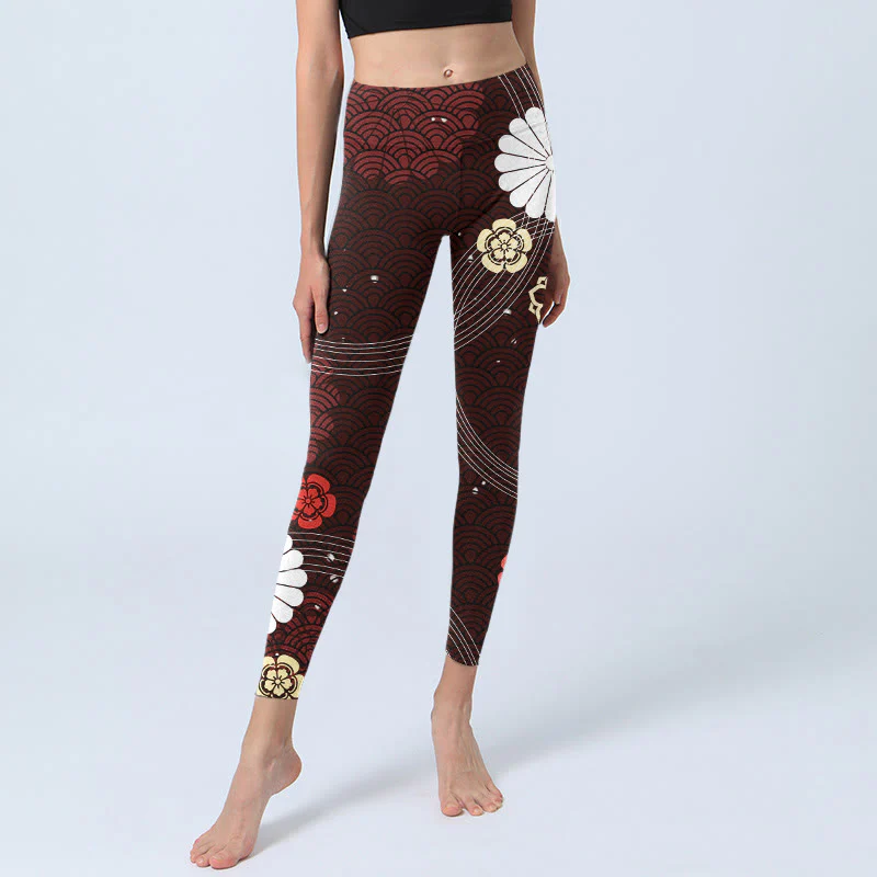 Buddha Stones Reddish-brown Floral Fan-shaped Wave Print Gym Leggings Women's Yoga Pants