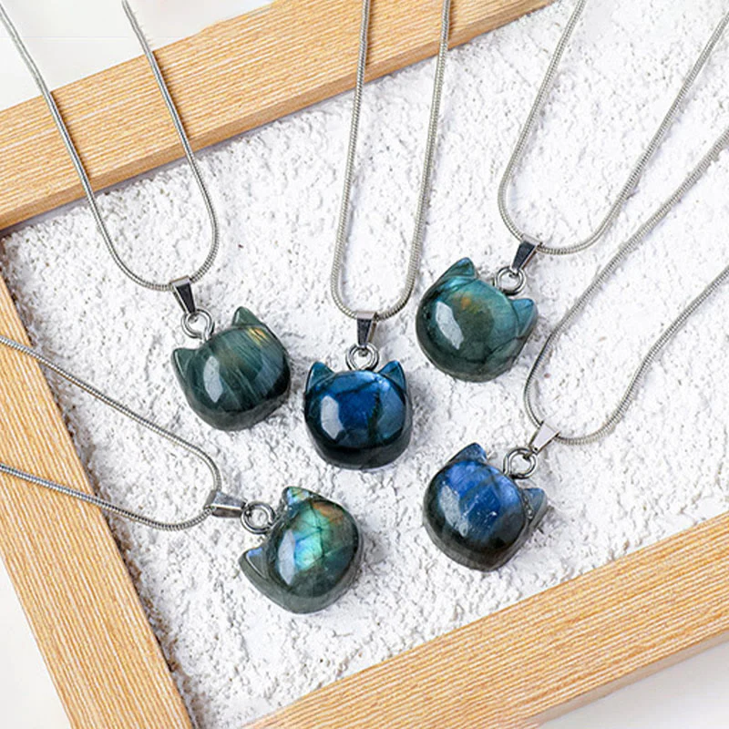Buddha Stones Natural Cat Pattern Labradorite Healing Necklace Pendant