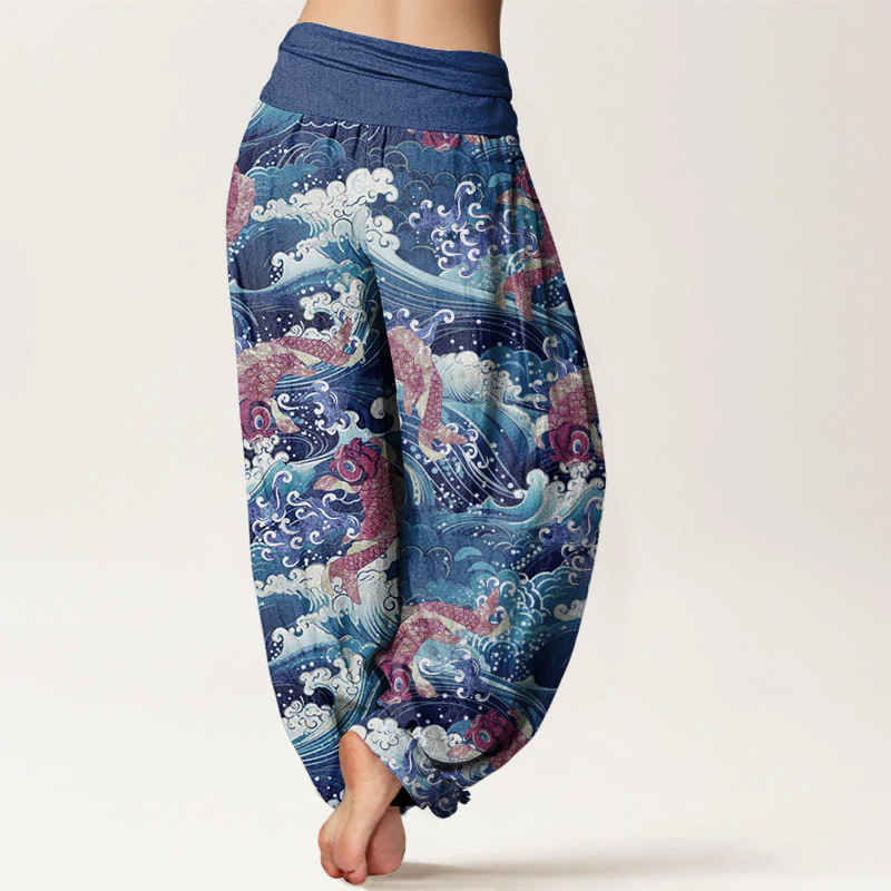 Buddha Stones Casual Koi Fish Ocean Waves Pattern Women's Elastic Waist Harem Pants
