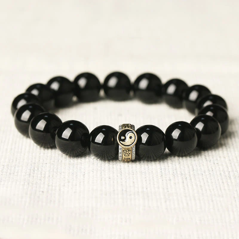 Buddha Stones Black Obsidian Yin Yang Nine-Character Mantra Fulfilment Bracelet