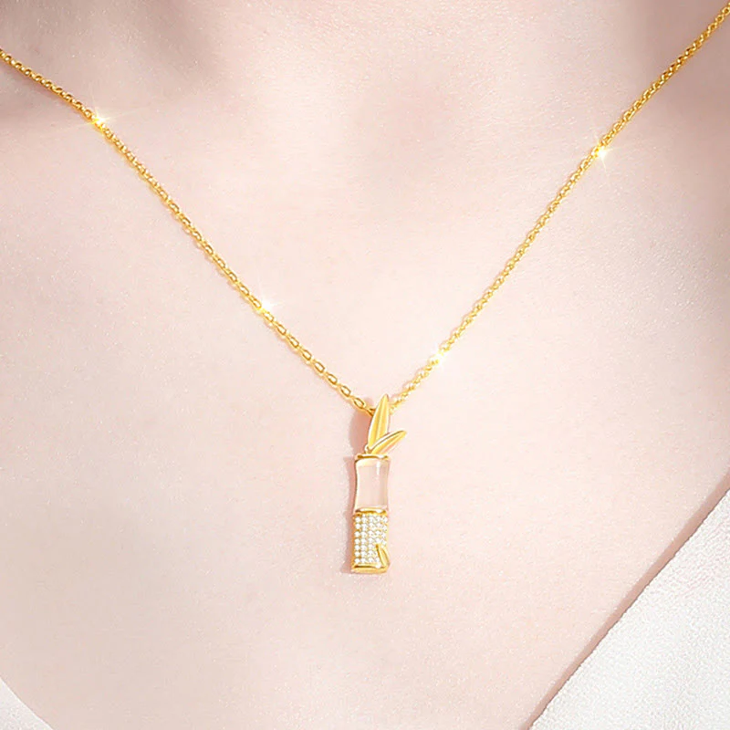 Buddha Stones 925 Sterling Silver Hetian White Jade Bamboo Happiness Necklace Pendant