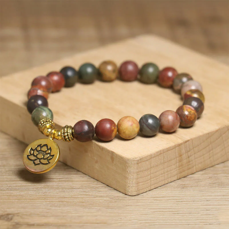Buddha Stonesnatural Colorful Emperor Stone Lotus Pattern Anti-stress Bracelet
