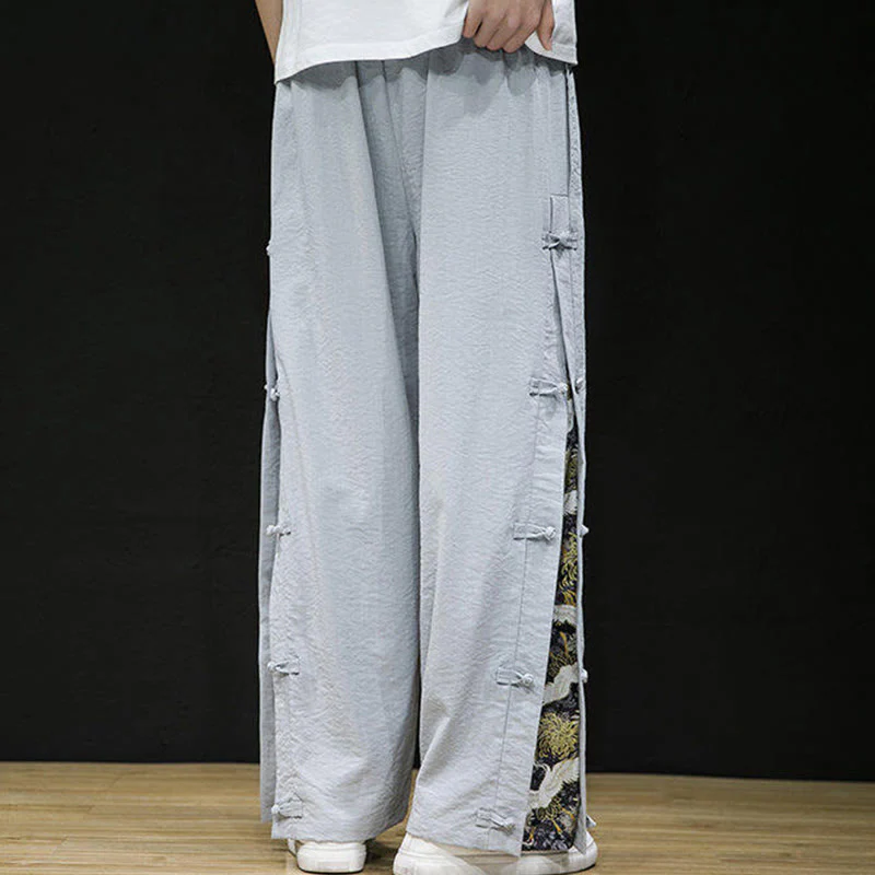 Buddha Stones Casual Patchwork Crane Pattern Frog-Button Design Men's Wide Leg Pants With Pockets