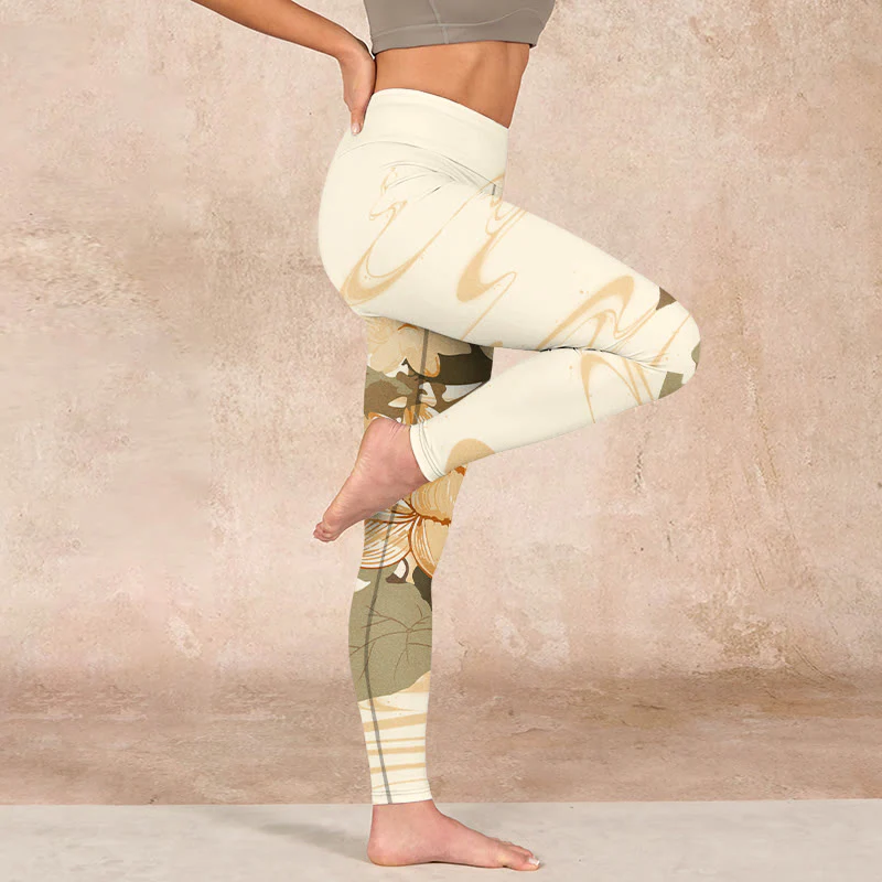 Buddha Stones Beige Lotus Flower Print Gym Fitness Leggings Women's Yoga Pants