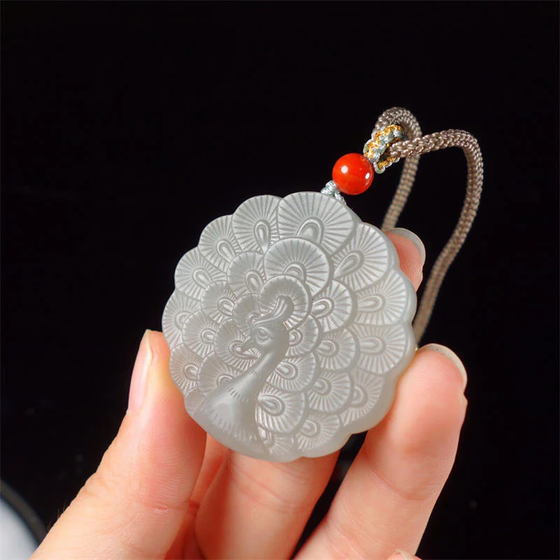 Buddha Stones White Jade Peacock Protection Blessing Necklace Pendant