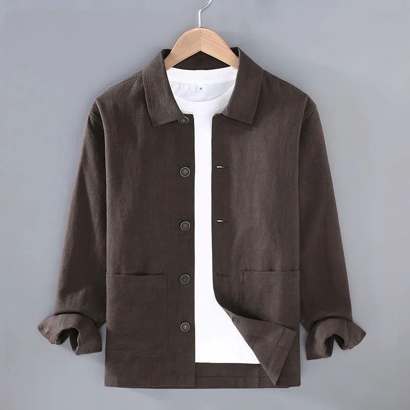 Buddha Stones Casual Plain Long Sleeve Button Lapel Design Men's Ramie Linen Jacket With Pockets