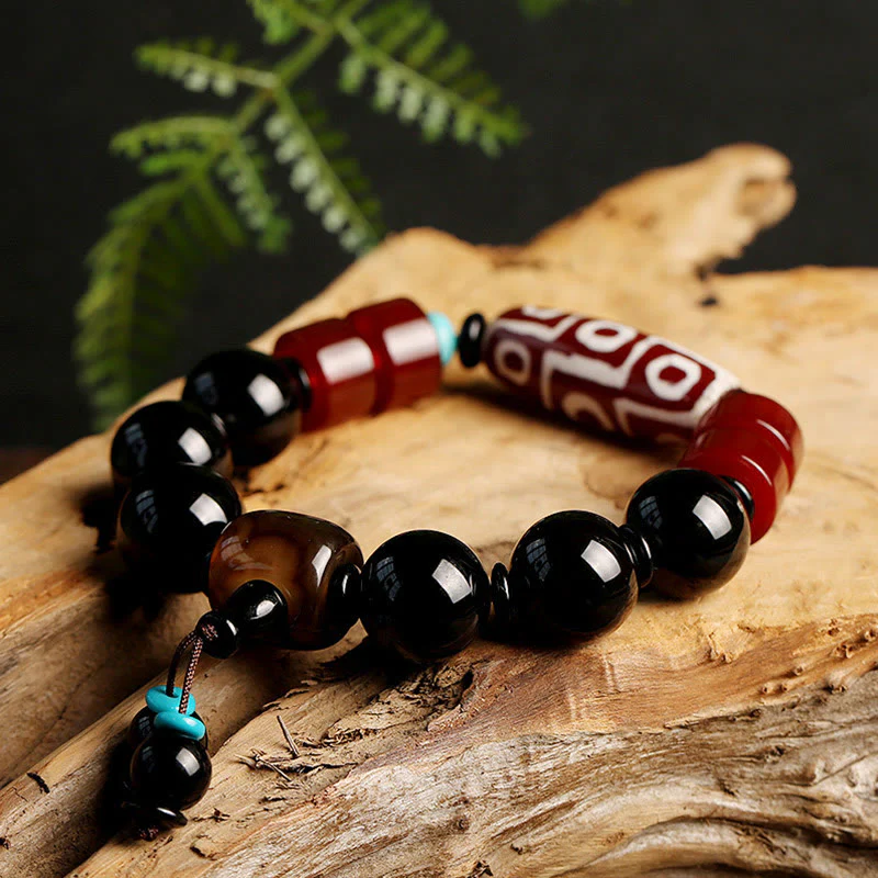 Buddha Stones Tibetan Nine-Eye Dzi Bead Black Onyx Wealth Protection Bracelet